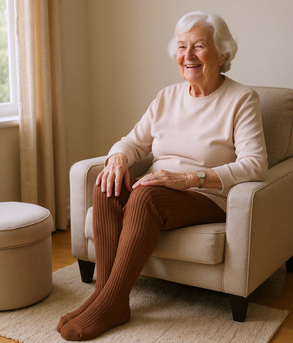 Woman relaxing at home in brick red knee-high compression socks