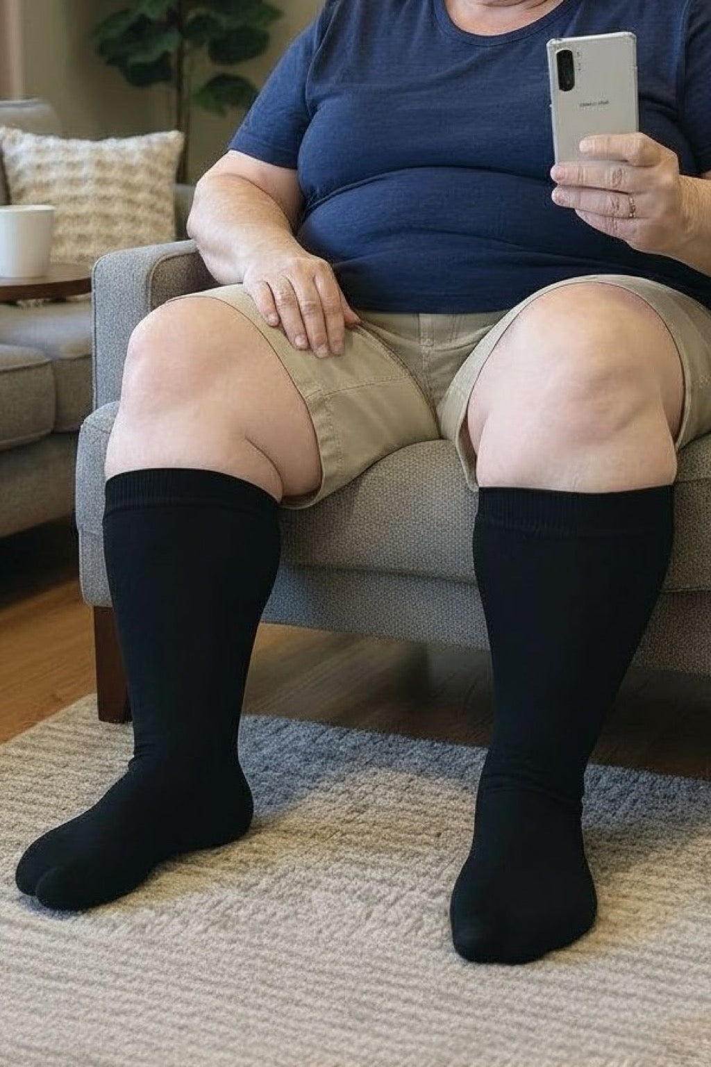 Black knee-high compression socks worn over wide calves, sitting in an armchair at home